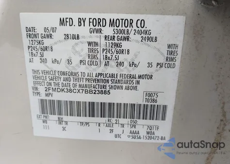 2007 Ford Edge Sel z USA, uszkodzony, nr VIN 2FMDK38CX7BB23885